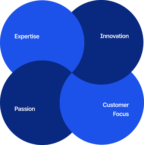 4가지 인재상(왼쪽 상단부터 시계 방향으로) : Expertise, Innovation, Customer Focus, Passion